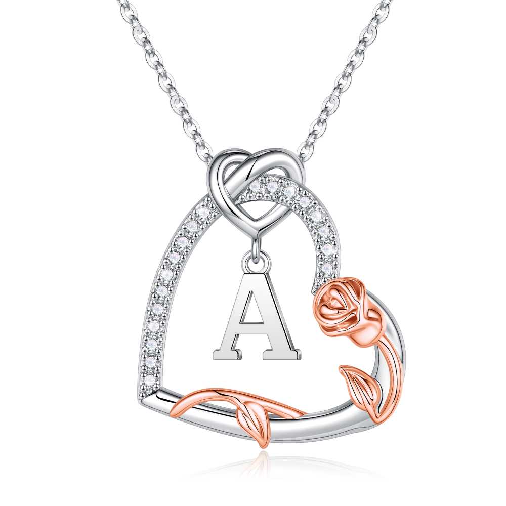 Iefil Gifts for Women Wife, Rose Heart Necklaces for Women, Anniversary Jewelry Gifts for Wife, Sterling Silver, Initial A