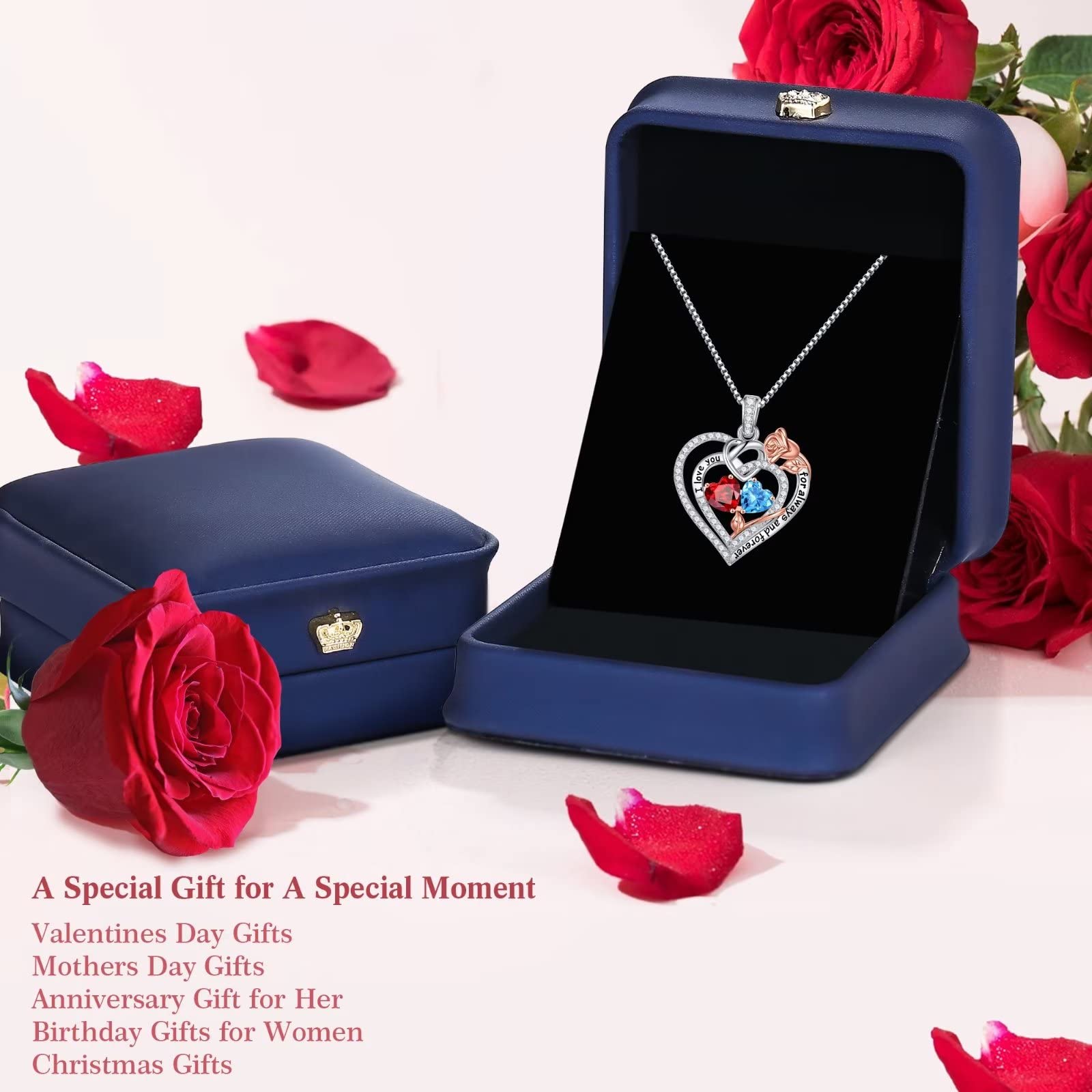 Iefil March Birthstone Necklace for Women, Blue Aquamarine Blue Necklace for Women Anniversary Birthday Gifts for Women Custome Birthstone Jewelry I Love You Gifts for Her